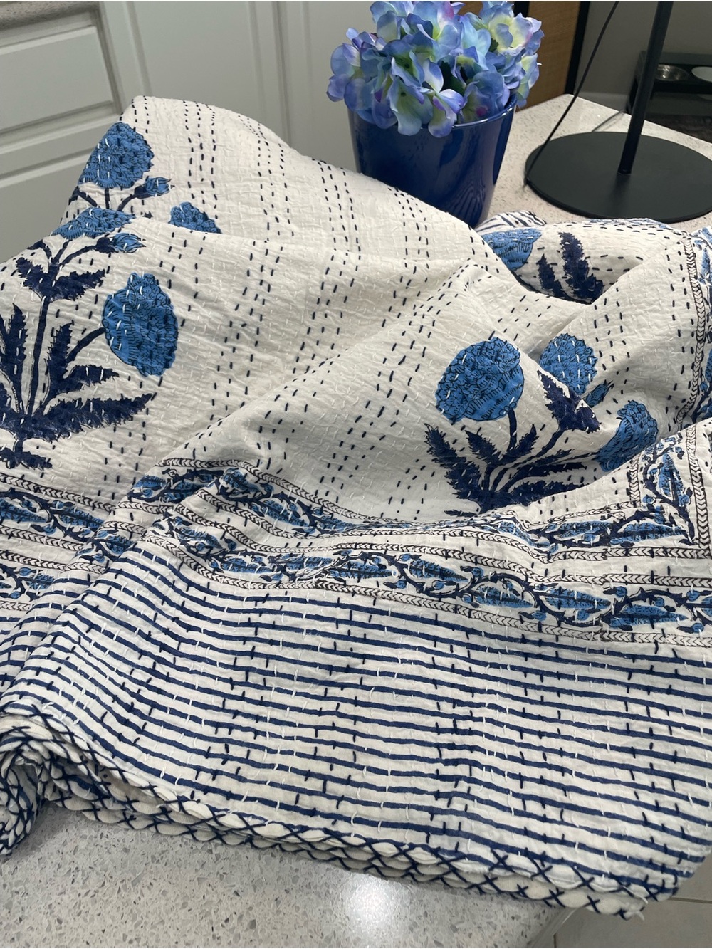 Kantha Blue/White Floral Quilt Top Queen Size 90 X 108 hand stitched - Picture 5 of 7